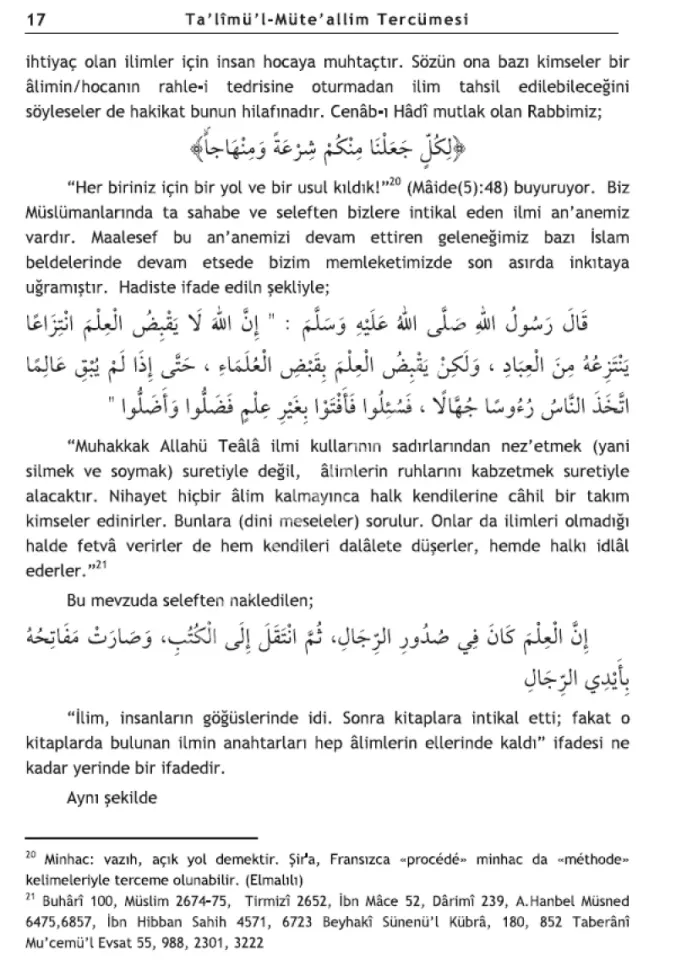 Talimül Müteallim Tercümesi ve Arapçası