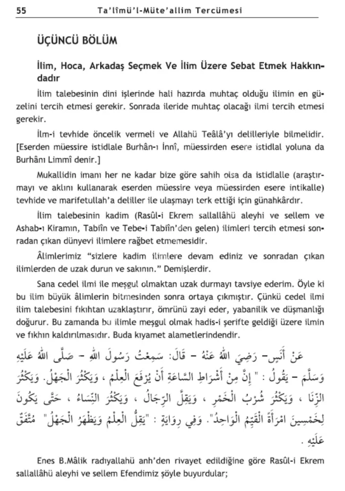 Talimül Müteallim Tercümesi ve Arapçası